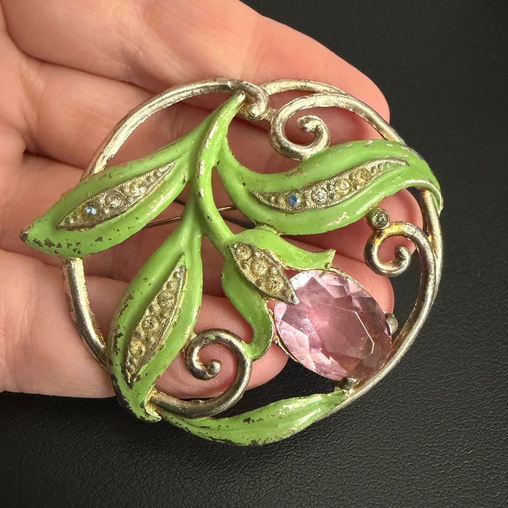 Vintage Pot Metal Brooch Rhinestone Green Pink Enamel Floral